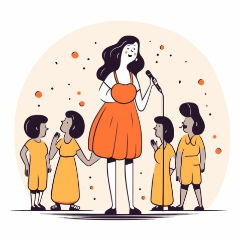 Vector cartoon illustration of little girls singing into microph