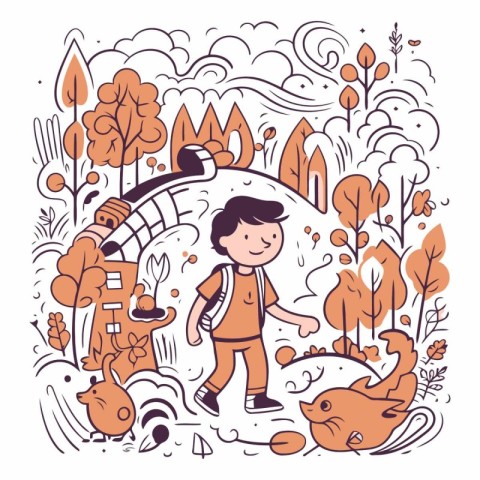 Vector illustration of a boy walking in the autumn park with cat