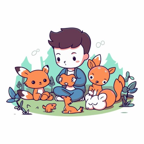 Cute boy playing with his little foxes.