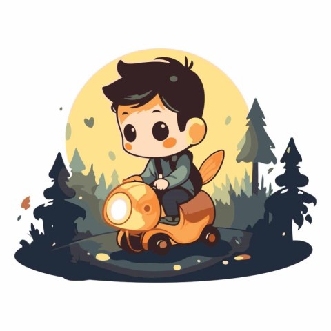 Cute boy riding a scooter in the forest.