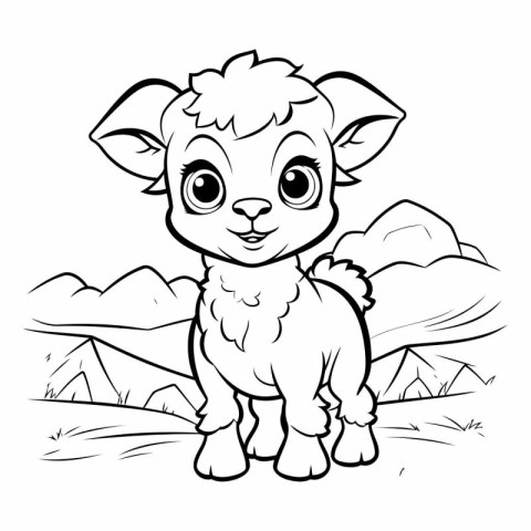 Coloring book for children: cute lamb on a background of mountai