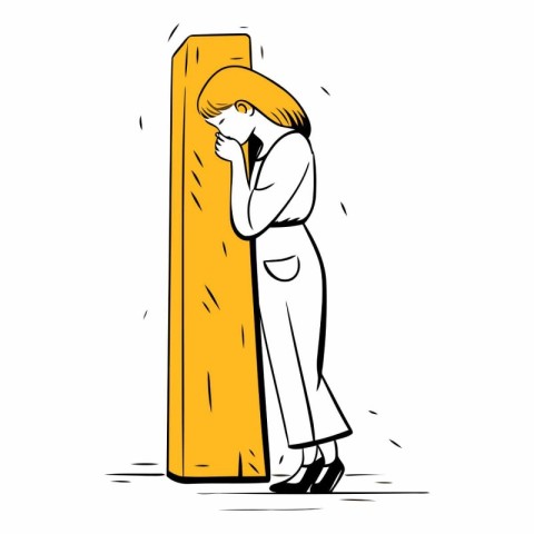 Sad woman standing in front of the door. Vector hand drawn illus