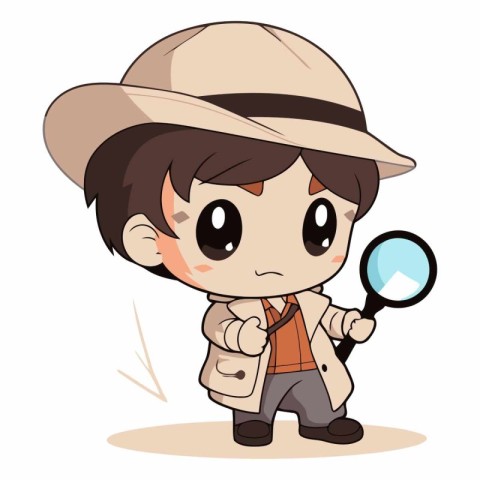 Cute detective boy with magnifying glass. Vector cartoon illustr