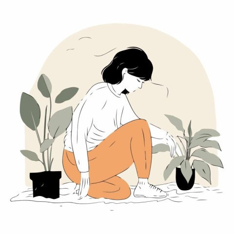 Vector illustration of a sad woman sitting on the floor and look