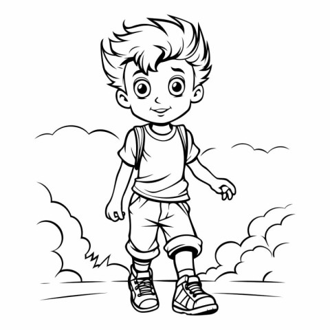 Black and White Cartoon Illustration of Cute Little Boy Walking