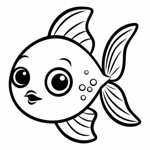 Black and White Cartoon Illustration of Cute Fish Character for