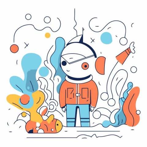 Vector illustration of a cute robot in the sea. Flat line art st