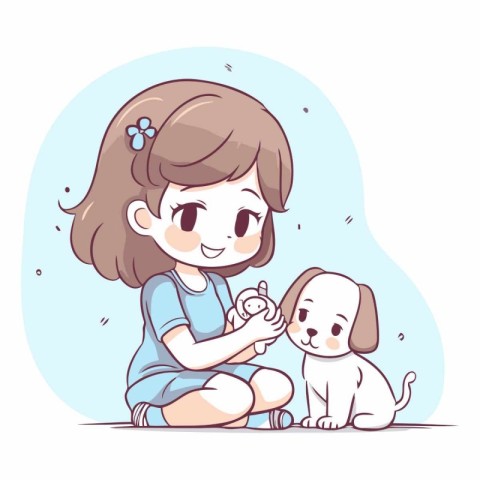 Cute little girl playing with her dog in cartoon style.