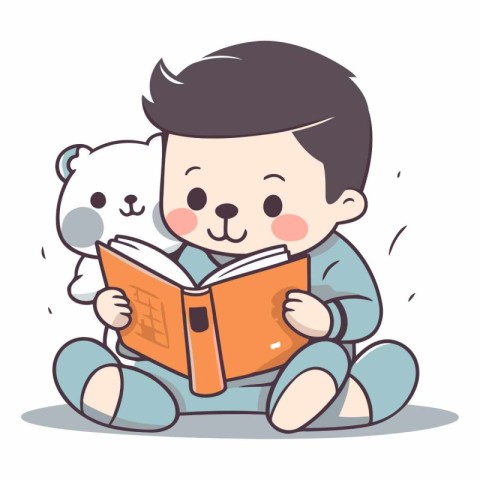 Cute little boy reading a book with teddy bear vector illustrati