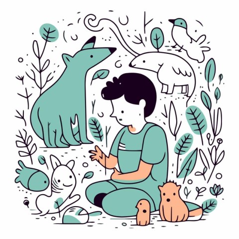 Vector illustration of a boy in a park with animals. Doodle styl