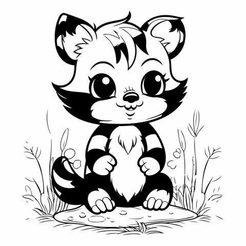 Cute cartoon squirrel sitting on the grass. Black and white vect