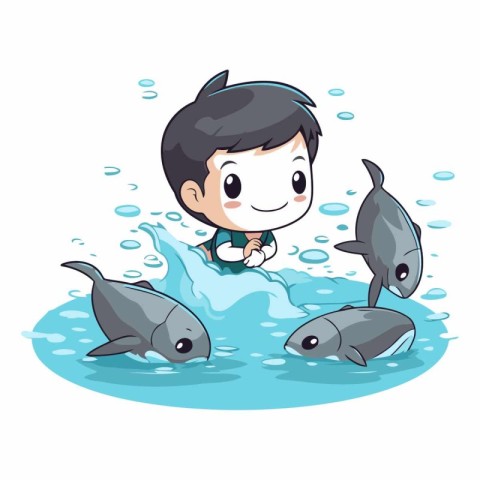 Boy fishing with group of fishes in the water.