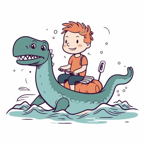 Cute boy riding a dragon boat in cartoon style.