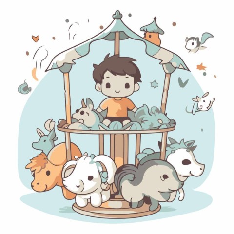 Vector illustration of a boy playing on a carousel with animals.