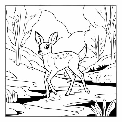 Fawn in the forest. Black and white vector illustration for colo