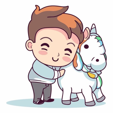 Cute little boy holding a white horse. cartoon vector illustrati