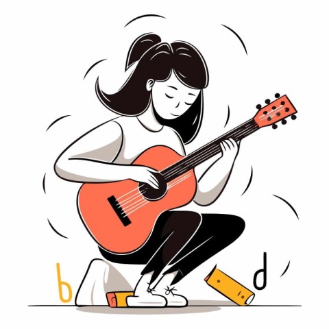 Girl playing the guitar on a white background in a flat style.