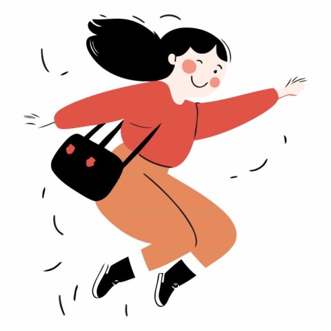 Vector illustration of a girl jumping with a bag in her hands.