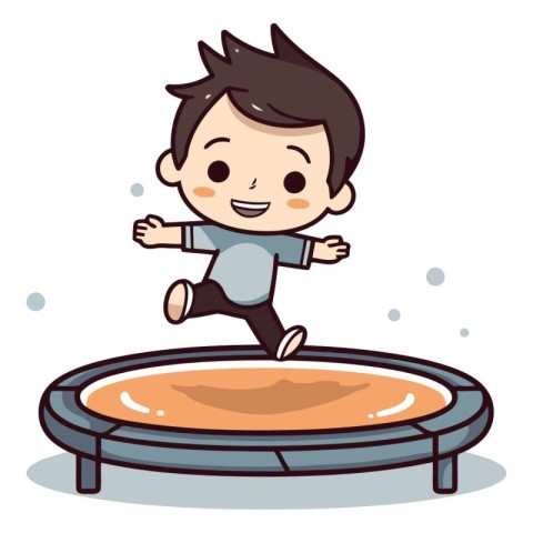 Cute boy jumping on trampoline. Vector cartoon illustration.