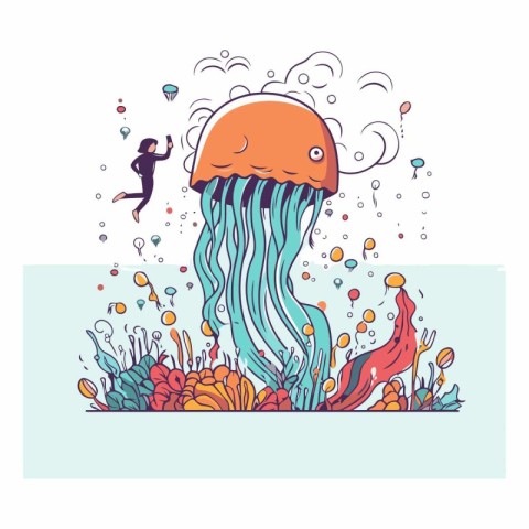 Cartoon vector illustration of a cute jellyfish in the sea.