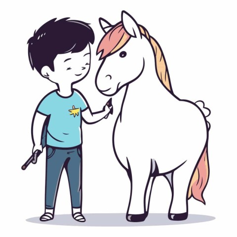 Little boy with a white horse in cartoon style.