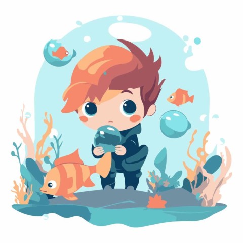 Cute cartoon boy with a fish in his hands