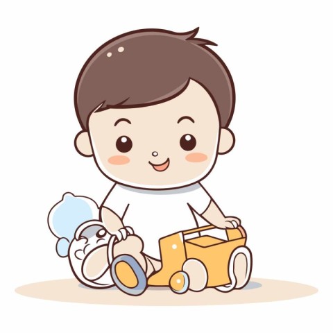 Cute little baby boy with toys in cartoon style.