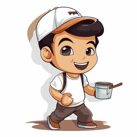 Cute cartoon boy with a cup of coffee.