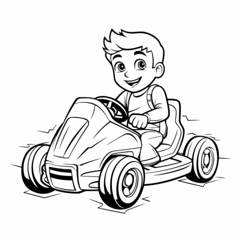 Cartoon illustration of a boy driving a race car or buggy.