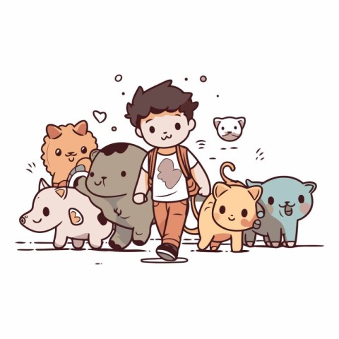 Cute little boy walking with different animals in cartoon style.