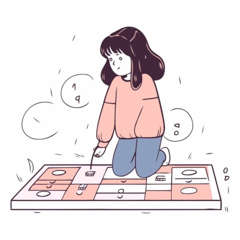 Illustration of a little girl playing hopscotch board game