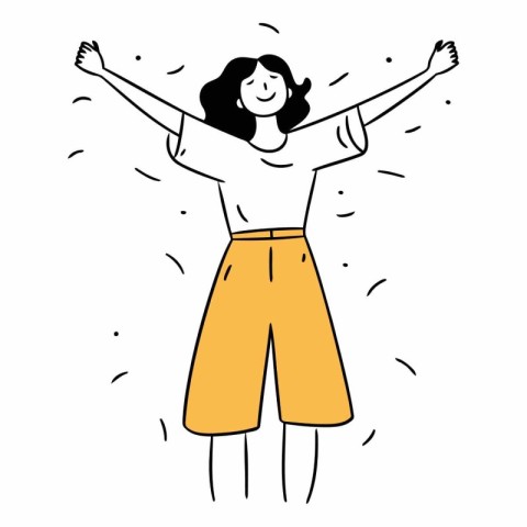 Happy young woman jumping with hands up in doodle style.