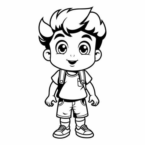 cute boy with backpack. black and white vector illustration grap