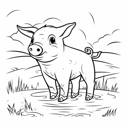 Black and white vector illustration of a pig standing in a field