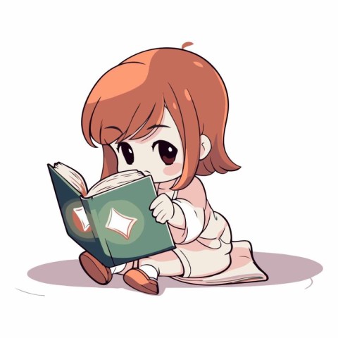 Illustration of a cute little girl reading a book on a white bac