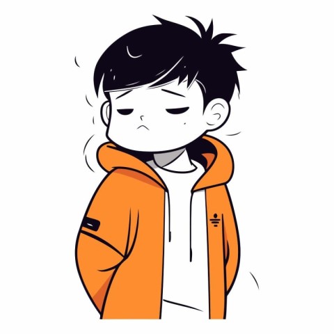 Illustration of a sad boy in an orange jacket on a white backgro