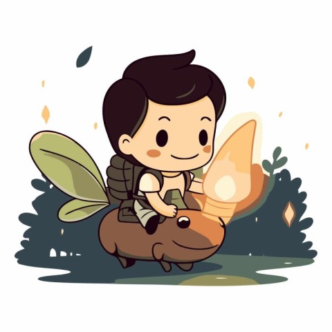 Illustration of a Little Boy Playing with a Moth in the Forest