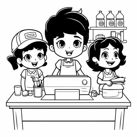 Cute little kids boy and girl working with laptop in cafe cartoo