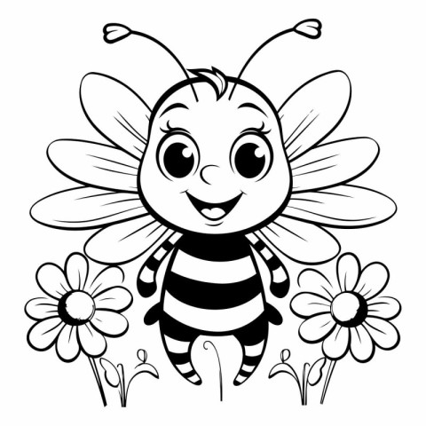 Black and white illustration of a cute cartoon bee holding a flo