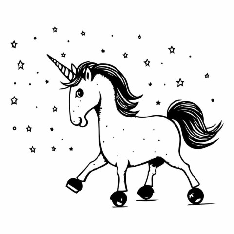 Unicorn in the starry sky. Black and white vector illustration.