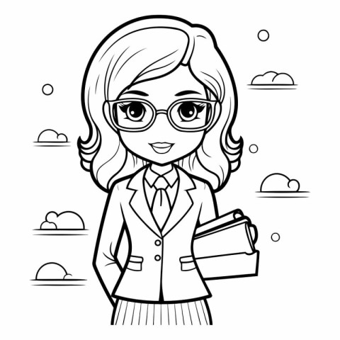 Black and White Cartoon Illustration of Business Woman Character