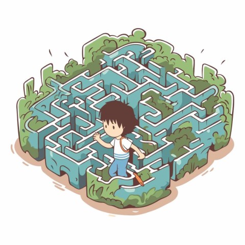 Maze game with boy running in the middle of the labyrinth illust