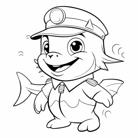 Black and White Cartoon Illustration of Cute Little Fish Captain