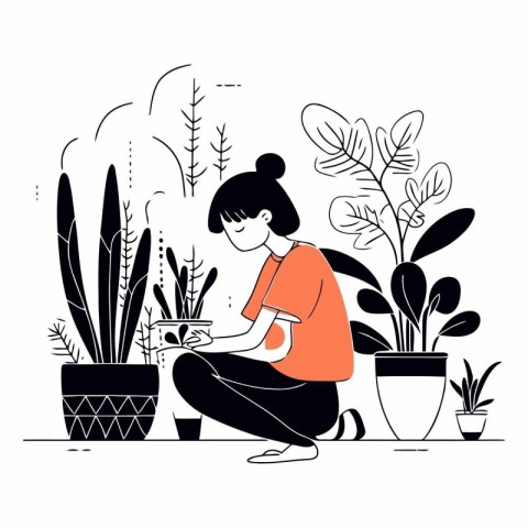 Vector illustration of a girl caring for potted houseplants.