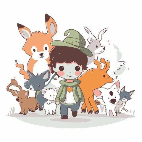 Cute boy in scout costume with many animals.