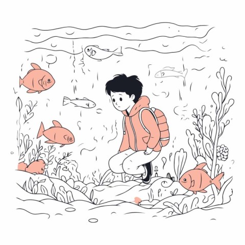 Vector illustration of a boy in a jacket looking at the fishes.