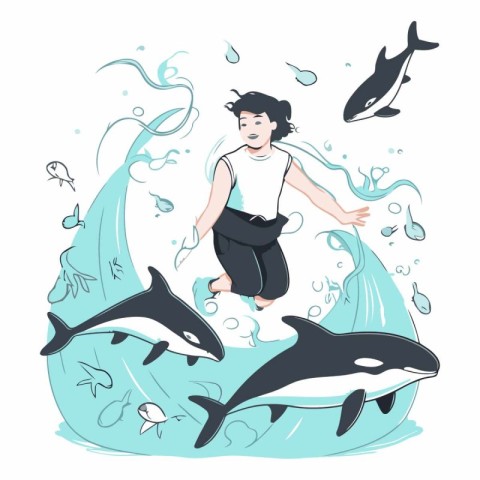 Vector illustration of a boy and killer whales. Isolated on whit