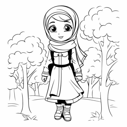 Arabic girl in traditional clothes in the park. Coloring book fo