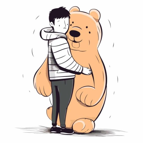 Illustration of a little boy hugging a big teddy bear.