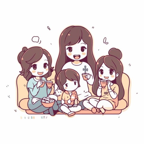 Mother and her children sitting on the sofa and drinking tea.